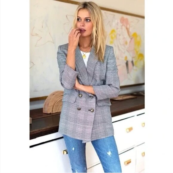 Emerson Fry Lee Double Breasted Blazer Jacket in Houndstooth Plaid Size 6 - Picture 1 of 6